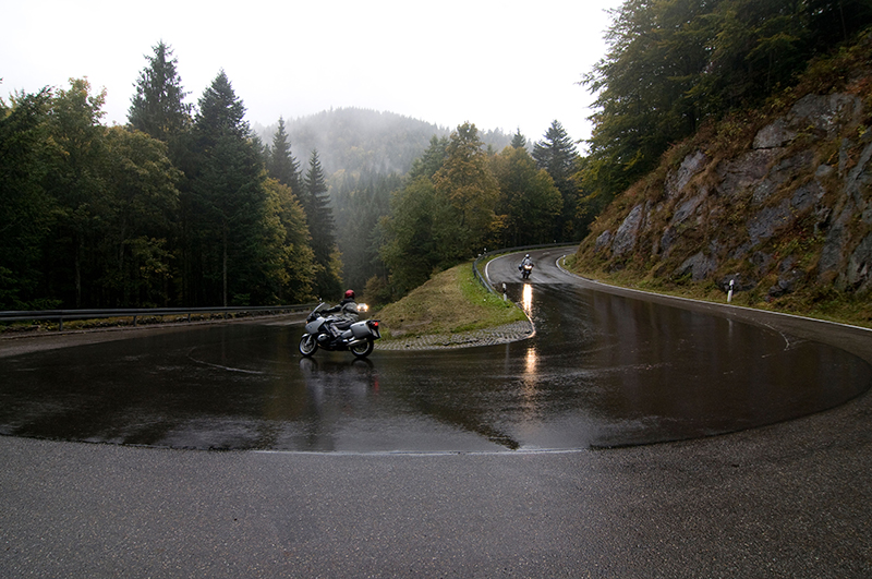 Motorcycle touring hairpin rain